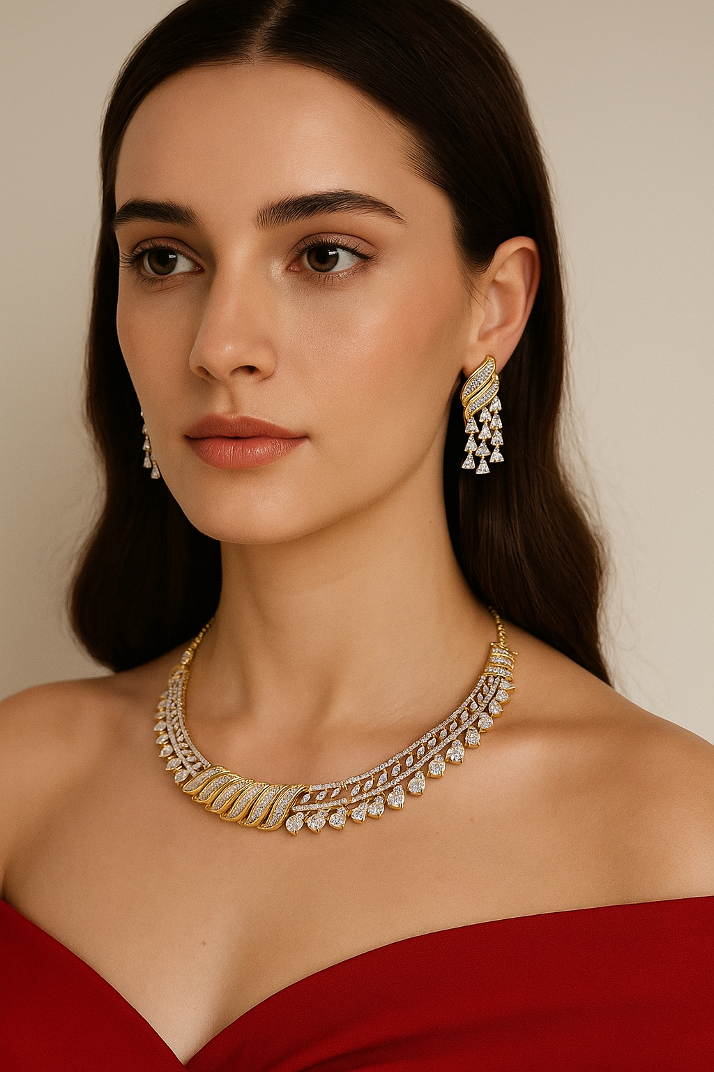 Gold Leaf Baguette Diamond Look Necklace Set